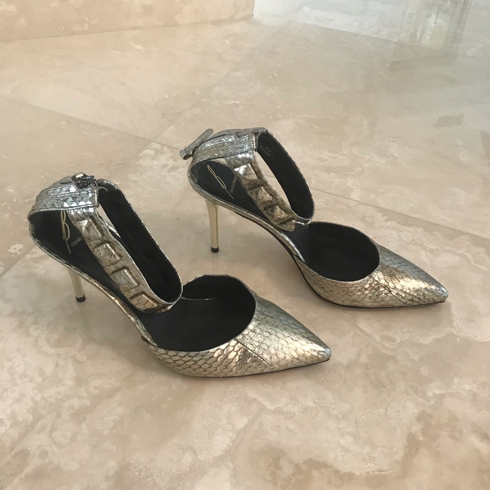 Brian Atwood silver metallic ankle strap pumps. - Picture 2 of 5